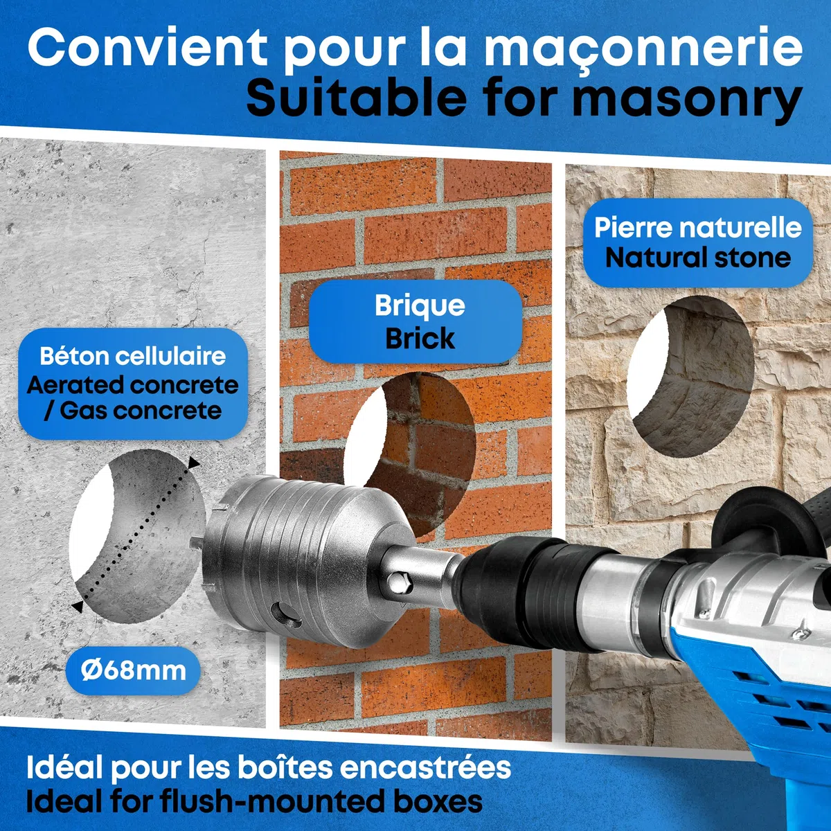 Foret à noyau 68 mm, kit de scie cloche pour béton, brique et pierre, foret creux circulaire avec foret central en carbure et tige SDS Plus