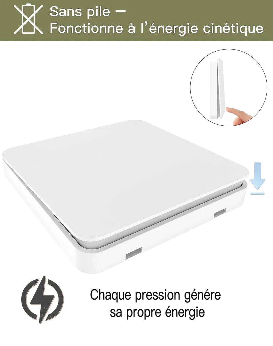 Interrupteur Sans Fil Sans Pile, Kit Va et Vient avec 2 Interrupteurs et 1 Récepteur 15A, Commande à Distance pour Éclairage, Compatible Interrupteurs Traditionnels, Sans Scintillement LED, Blanc