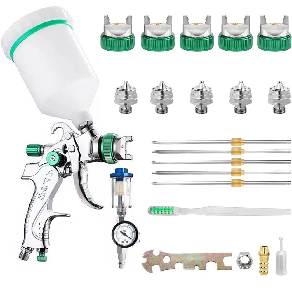 HVLP Pistolet à Peinture avec 5 Buses 1,4/1,7/2,0/2,5/3,0mm, 600ml Pistolet Peinture air comprimé pour Les Murs, l'automobile, Les travaux de rénovation