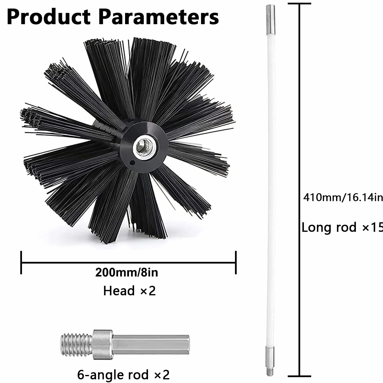 Kit de Ramonage, Brosse Nettoyage Cheminée Ø200mm Outil Nettoyage pour Cheminées avec 15 Tiges Flexibles de 410 mm et 2 TêTes de Brosse pour Cheminée évent de Sécheuse Tuyau d'égout poêle à Bois