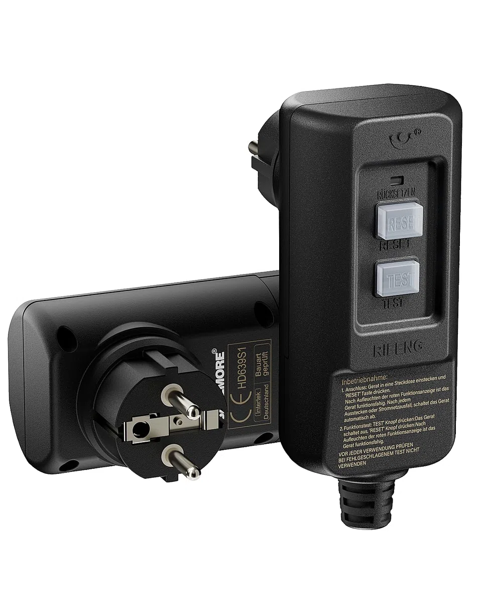 PRCD Fiche de protection personnelle 30 mA, 230 V/16 A FI - Conforme à la norme EN 61008/61009, avec affichage et bouton de test, IP54 - Pour la maison, le jardin et les appareils médicaux