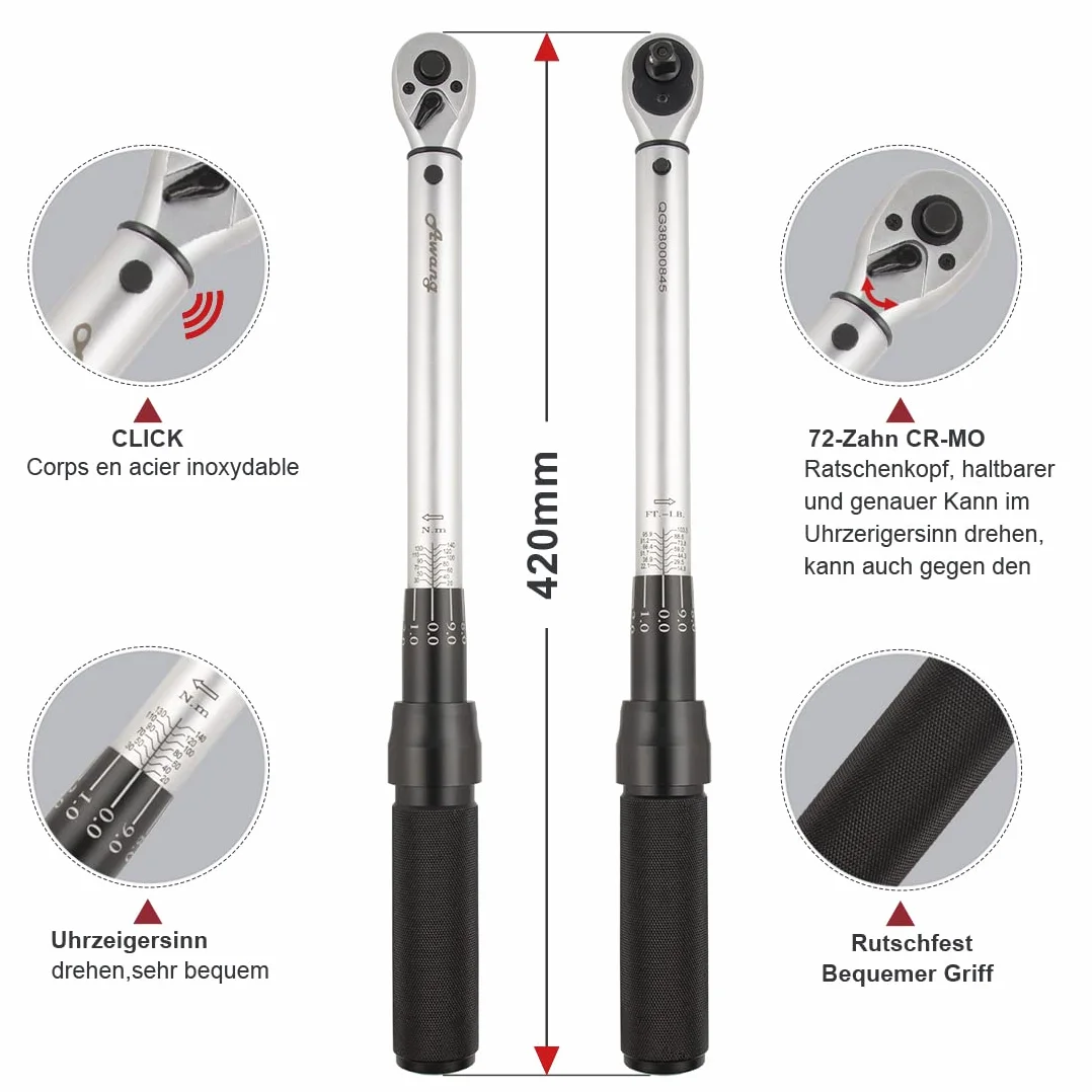 Awang Clé dynamométrique 3/8", 20-140 Nm pour voiture, moto, vélo, précision d'erreur ± 3 %, 72 dents