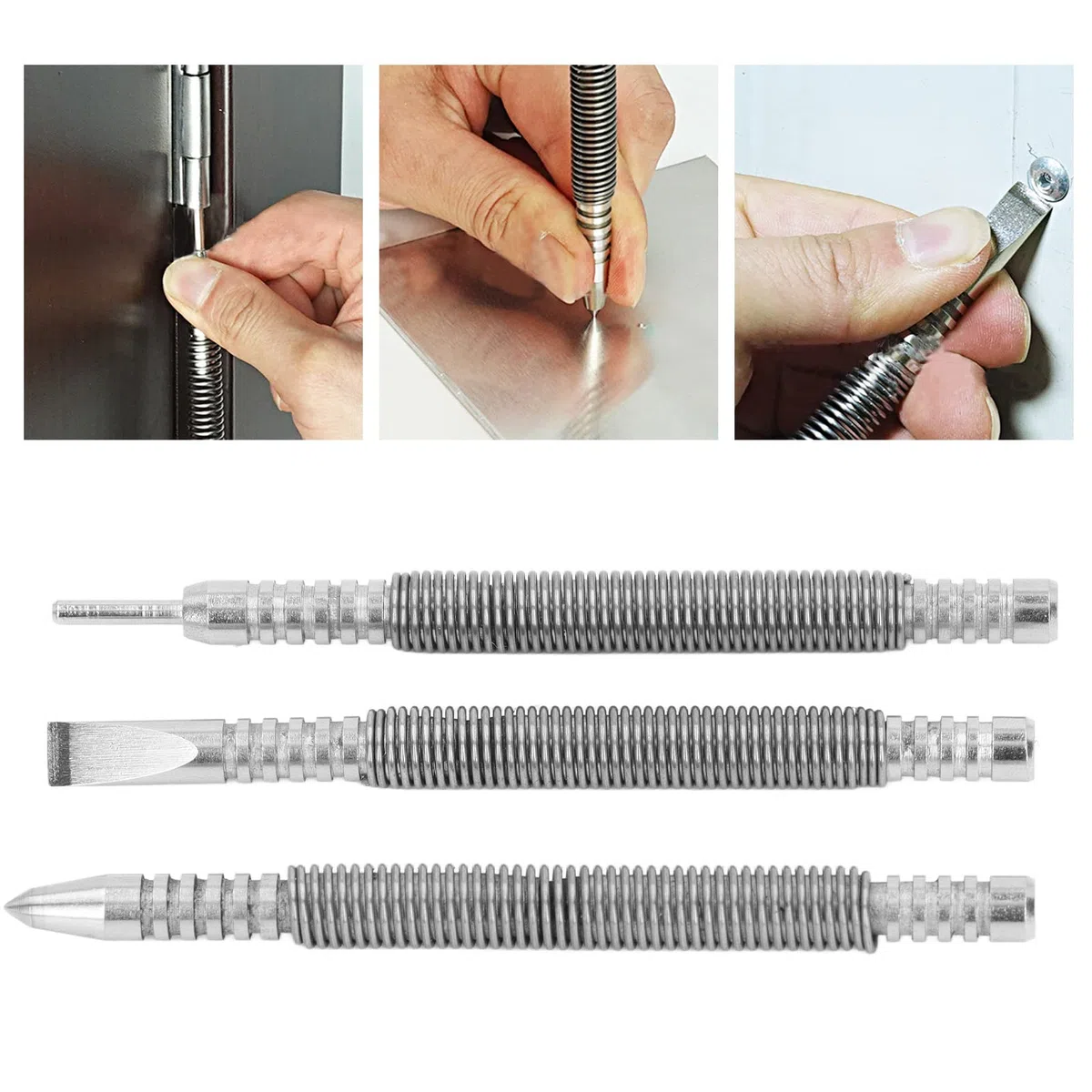 Ejoyous Jeu de Clous à Ressort 3 Pièces, Poinçon à Ressort en Acier au Carbone 3500PSI, Ensemble de Clous Anti-choc et Contre-poinçon pour Bois, Métal et Verre