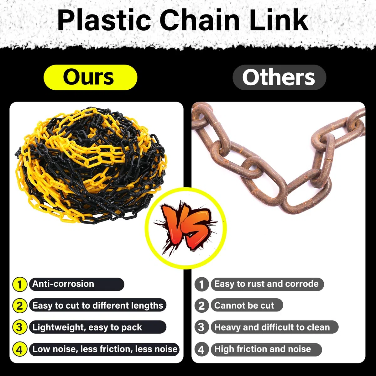 Chaîne de signalisation de 30,5 m en plastique, chaîne de sécurité noire/jaune, chaînes de signalisation pour la sécurité d'avertissement, contrôle des foules, circulation, file d'attente