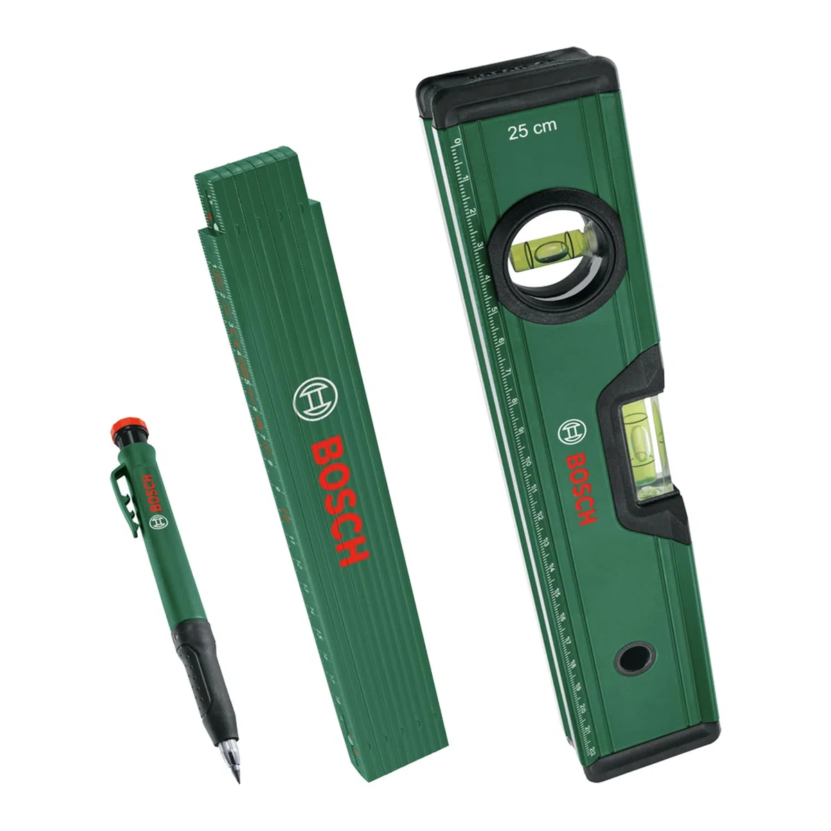 Bosch Set de marquage (alignement précis et marquage avec niveau à bulle 25 cm, mètre pliant de 2 m et marqueur pour trous profonds)