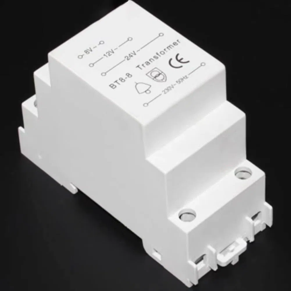Transformateur de sonnette multi-tension 8 V 12 V 24 V, transformateur de sonnette de porte compatible avec sonnerie/carillon/porte intelligente, rail de guidage standard de 35 mm, fonctionnement