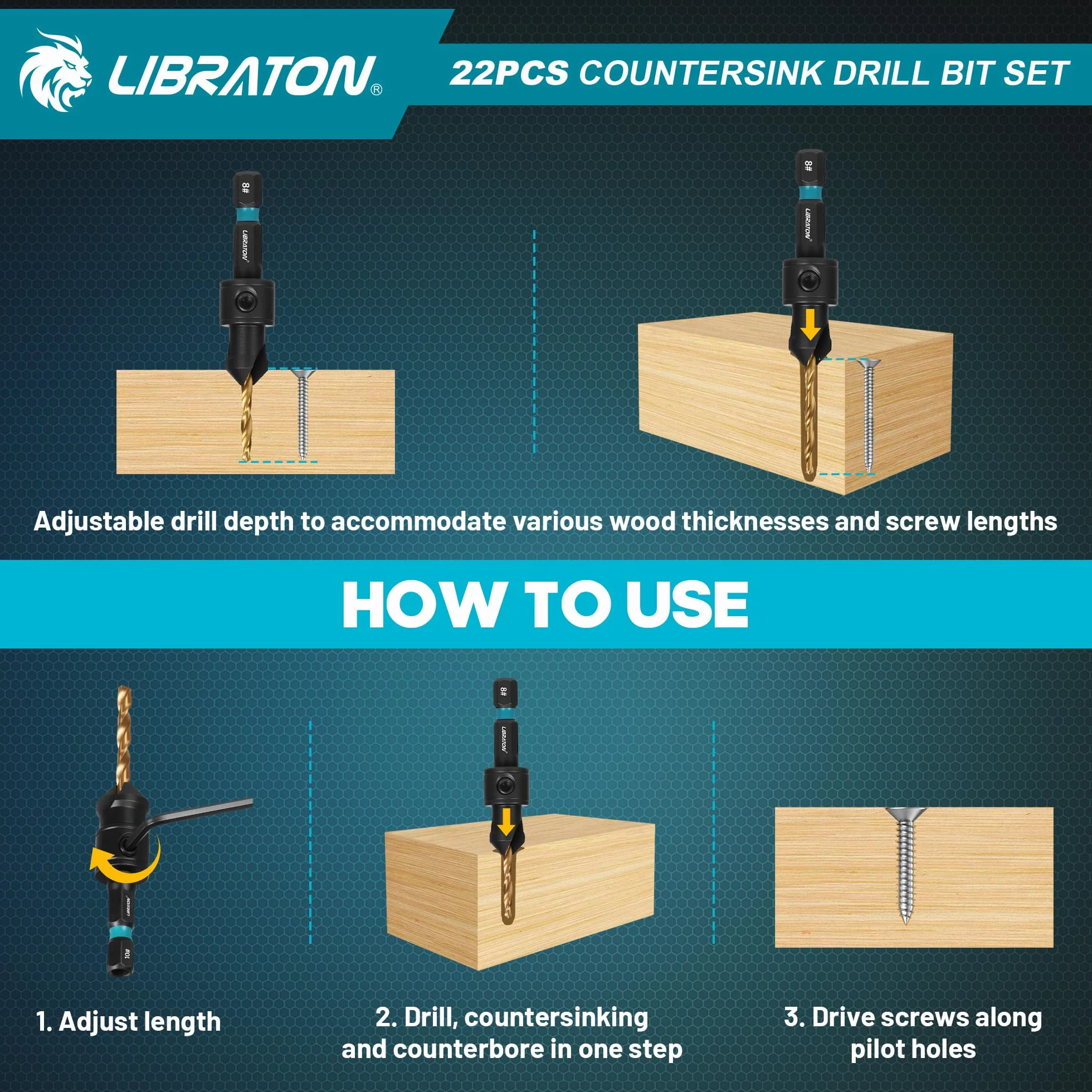 Libraton Ensemble de Forets Coniques, 22 Pièces Foret à Chanfreiner Ajustable, #4#6#8, #10#12, Porte-Embout Magnétique Extensible pour Travail du Bois, Embouts de Tournevis avec Boîte de Rangement