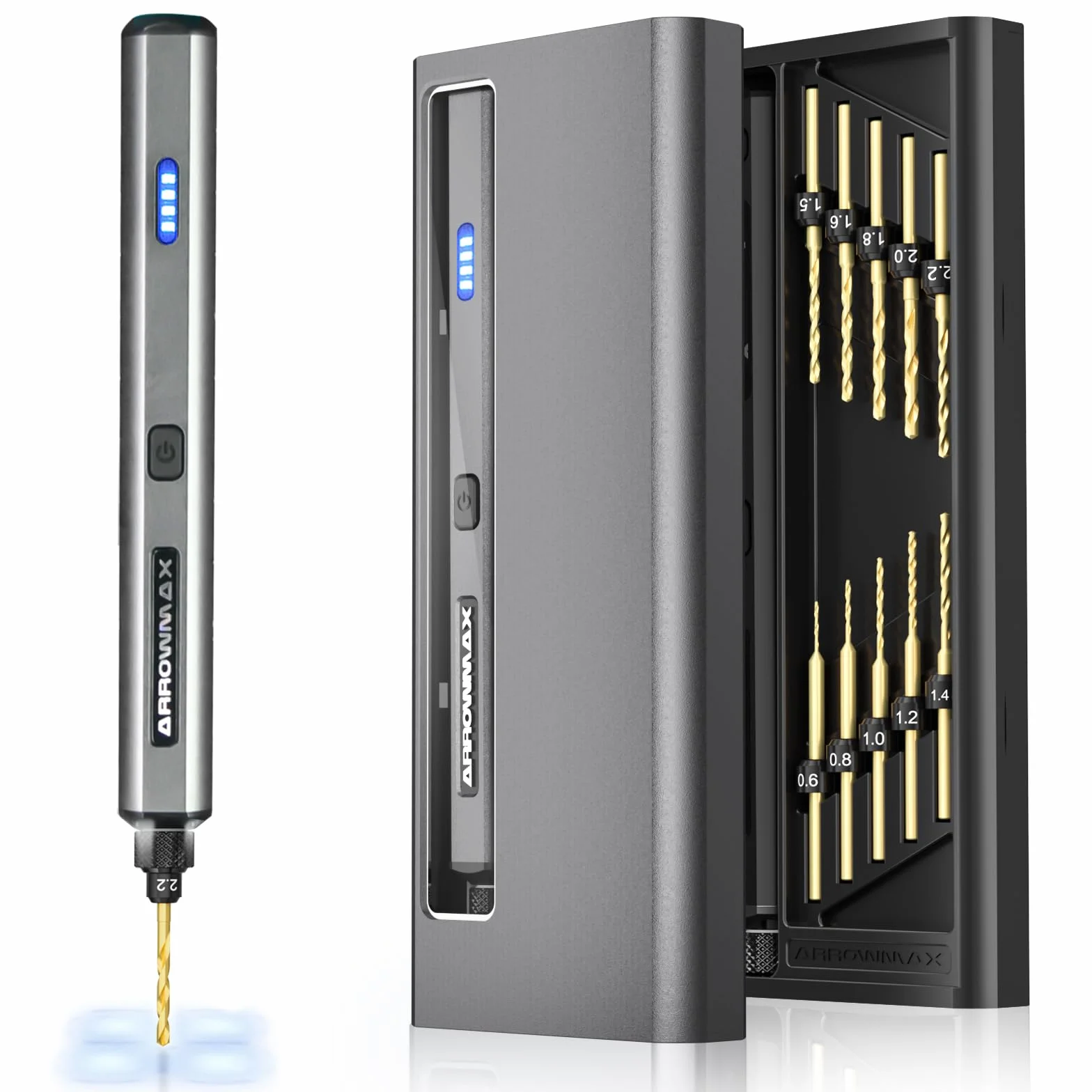 ARROWMAX Mini stylo de perceuse électrique, 13 en 1 avec étui en aluminium, rechargeable, 800 tr/min, kit de perceuse à main, 10 embouts HSS, bricolage, bois, fabrication de bijoux (SDS MINI)