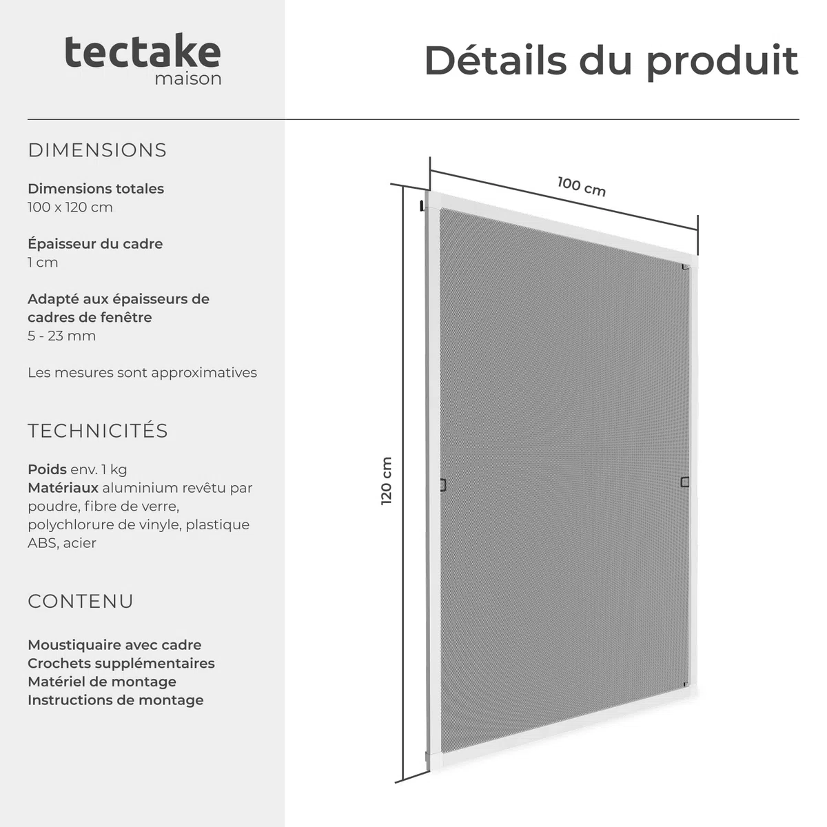 TecTake Moustiquaire fenetre & Store Cadre en Aluminium 100x120cm Blanc Filet Anti Moustique Résistante aux intempéries & aux UV idéal Chambre Enfant, Salon, Chambre Bebe Entrée Maison