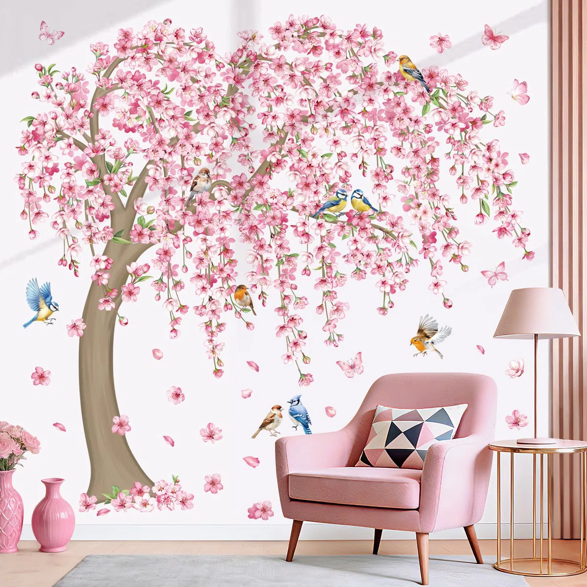 decalmile Stickers Muraux Fleurs de Cerisier Roses Autocollant Mural Grand Arbre Floral Oiseaux Décoration Murale Salon Chambre Mur TV