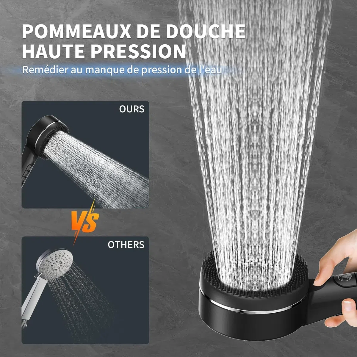 Pommeau deouche Haute Pression, Pommeau Douche Economie Deau 4 Types de Jets Pommeau de Douche Anti Calcaire avec Tuyau Douche 1.5M et Support de Douche, avec Bouton D'arrêt D'eau,Noir