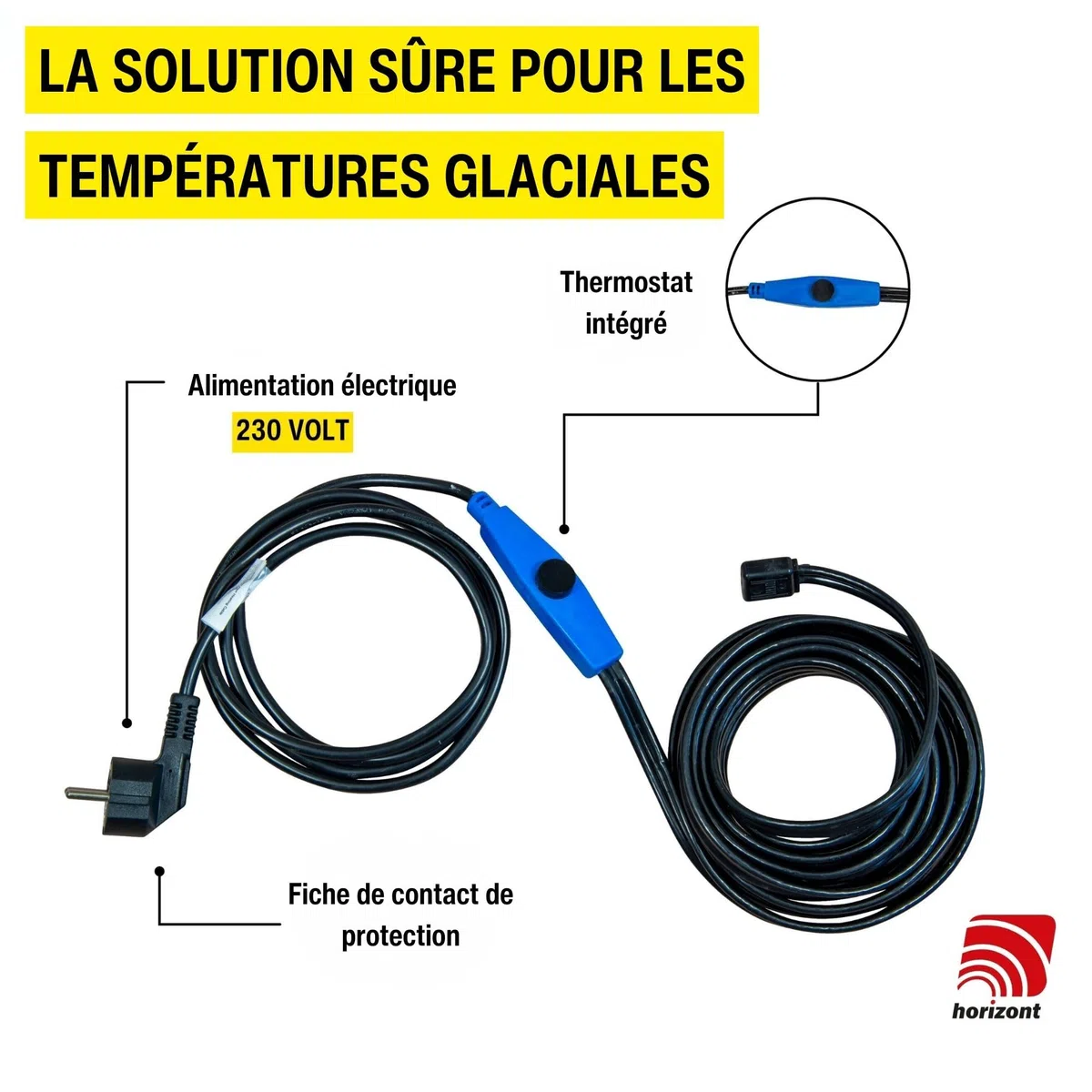 horizont Câble chauffant antigel avec thermostat de 2 m, idéal pour conduite d'eau ou comme chauffage des plantes, chauffage de gouttière étanche, chauffage de gouttière, chauffage auxiliaire de tuyau