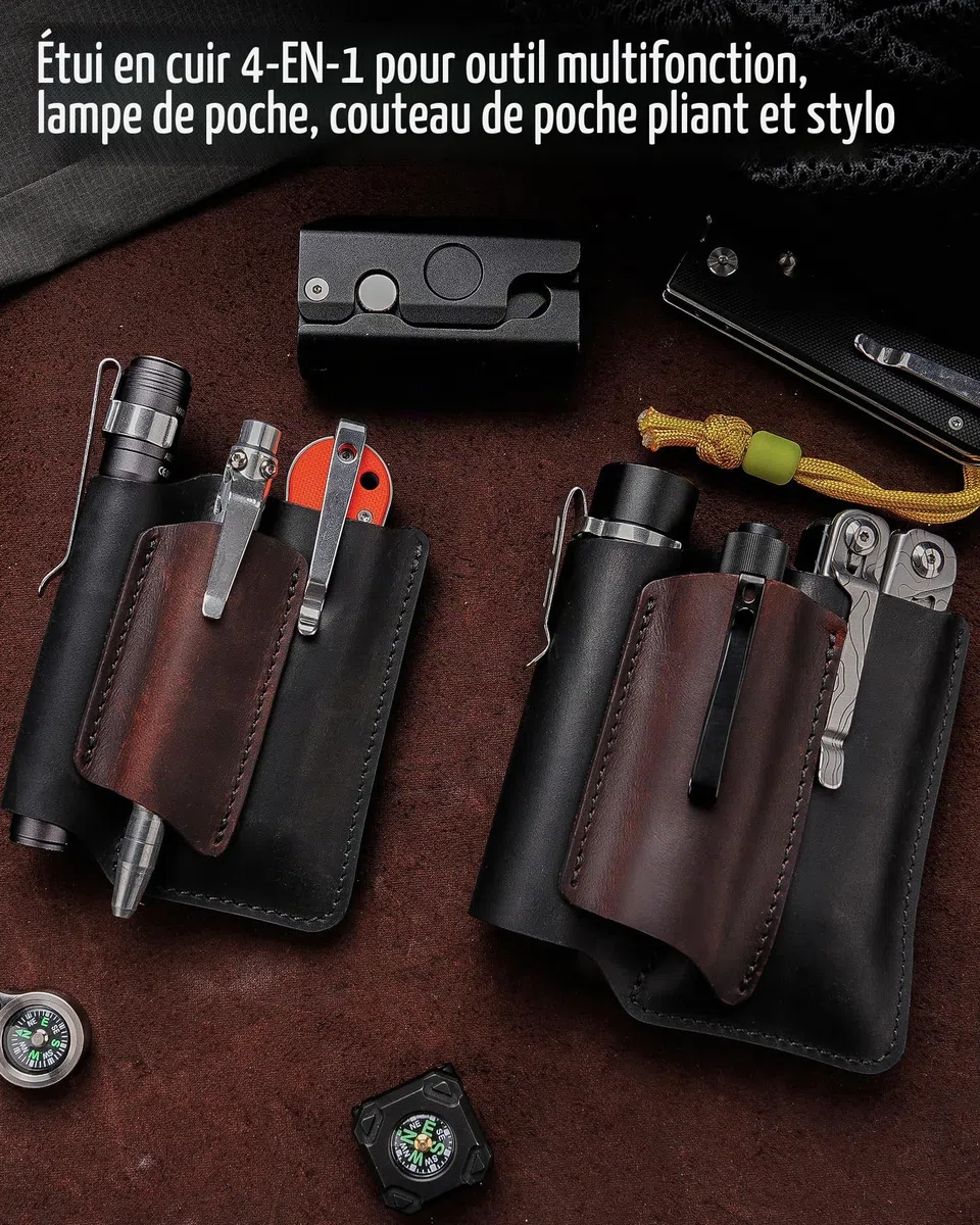 Étui EDC en Cuir VIPERAED PJ38, étui Multifonction en Cuir à 4 Poches, étui EDC Portable pour Homme, Lampe de Poche, Stylo, Couteau de Poche Pliable, Outil Multifonction