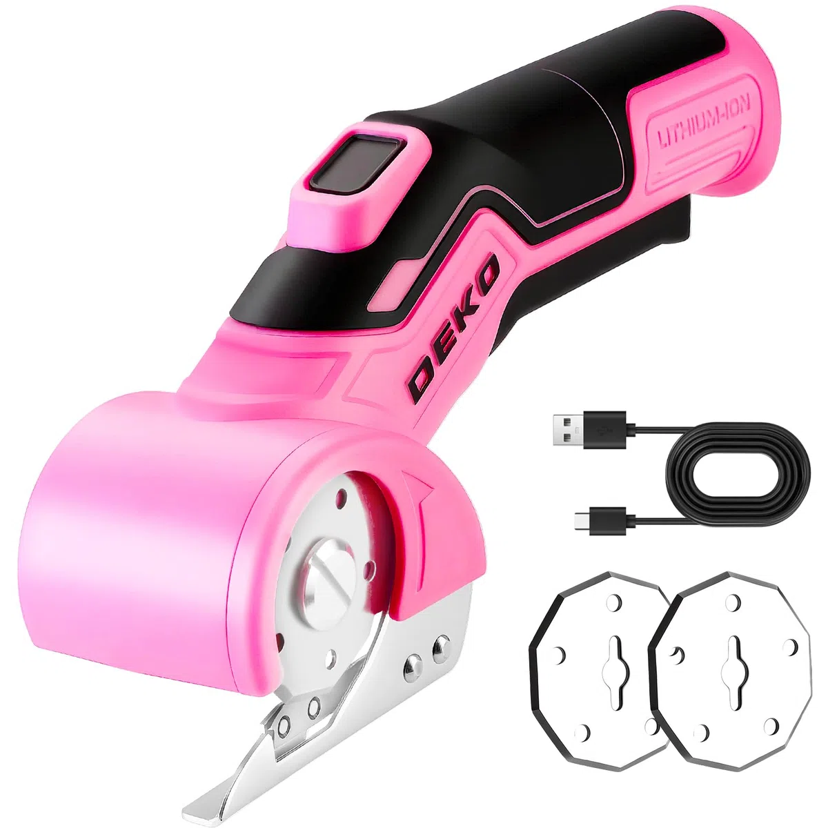 DEKOPRO Ciseaux Electrique Rotatif Couture: 3.7V Ciseaux Électrique sans Fil avec 2 Lames, Coupe Carton Puissant, pour Tissu, Cuir, Tapis, Plastique, DIY & Couture