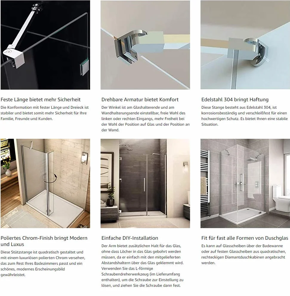 40 cm en acier inoxydable sans cadre Porte de douche Panneau fixe Wall-to-glass Barre de support pour 6mm 8mm 10mm en verre épais M-home