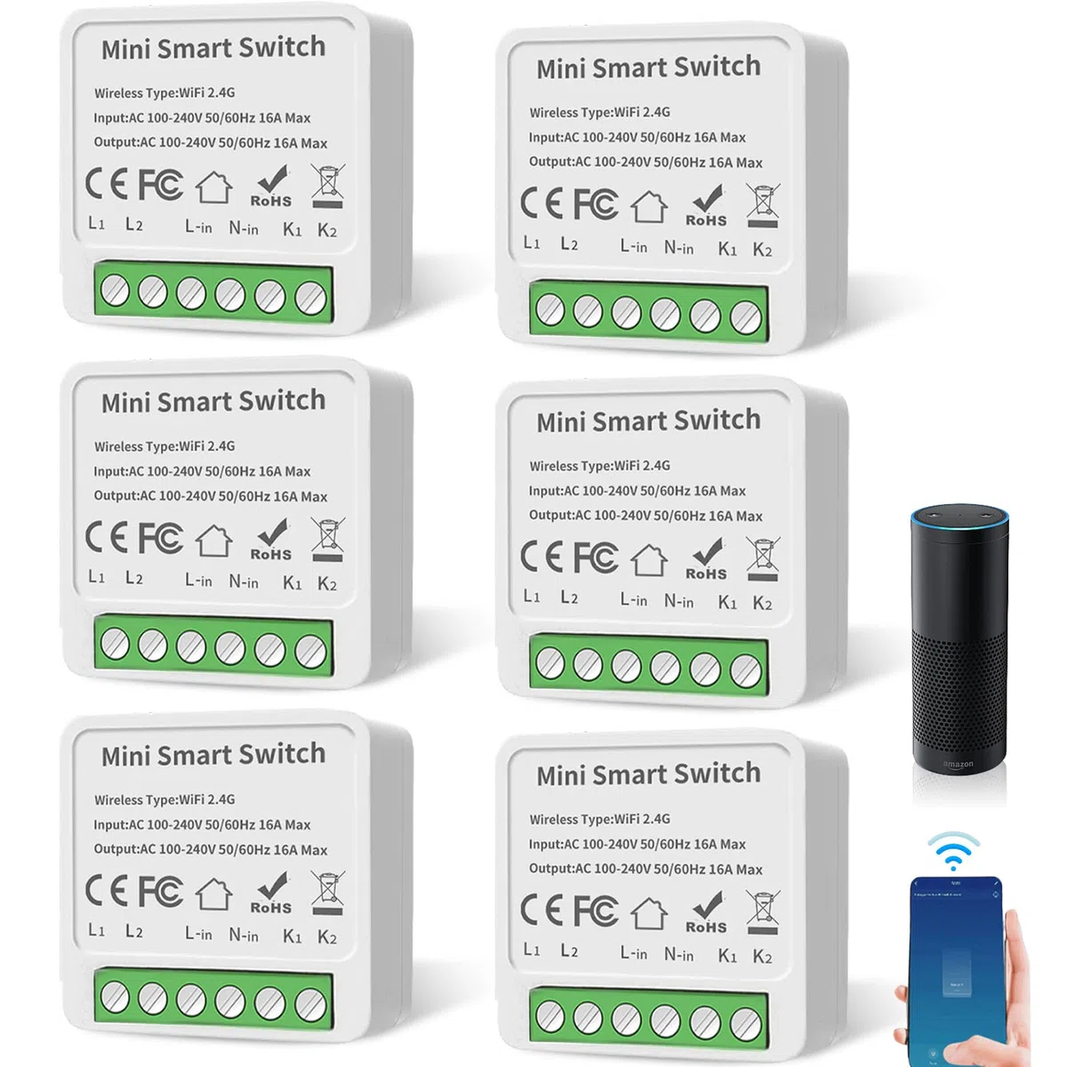 GAOUTO Lot de 6 modules intelligents - Mini interrupteur Wi-Fi 2 voies - Compatible Alexa et Google Assistant - Interrupteur Smart Life - Conducteur neutre nécessaire