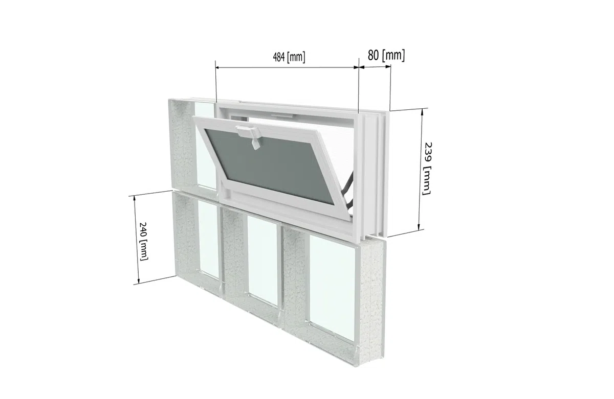 Fenêtre d’aération à insérer dans un mur en briques de verre ou en maçonnerie | Dimensions 48,4X24X8 cm | Unité de vente 1 fenêtre