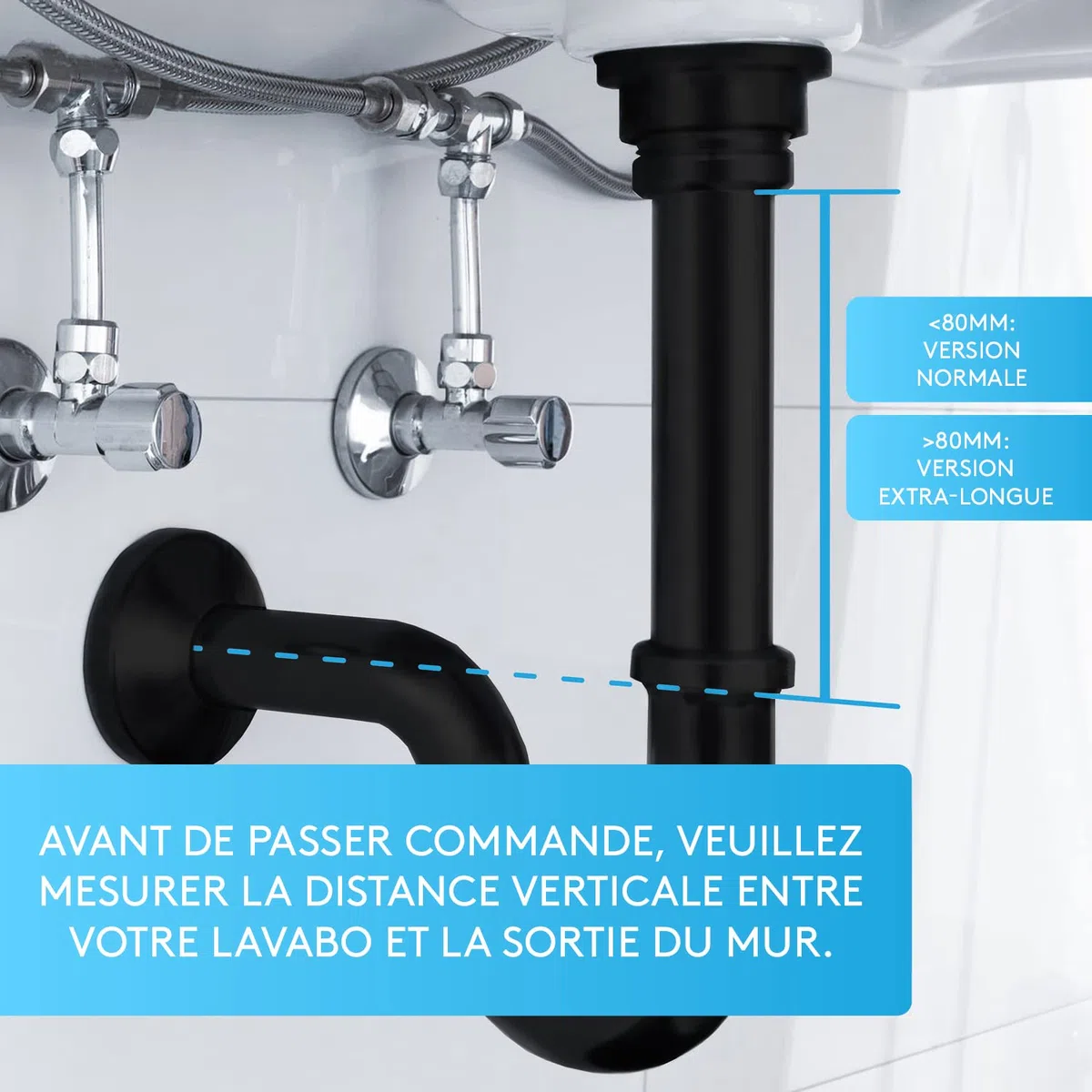 Bächlein Siphon Universel pour Lavabo et Évier (Extra Long) - Bonde de Lavabo Tubulaire - Siphon Adaptable - Anti-Odeur avec Orifice de Nettoyage + Mode d’Emploi - Mat Noir