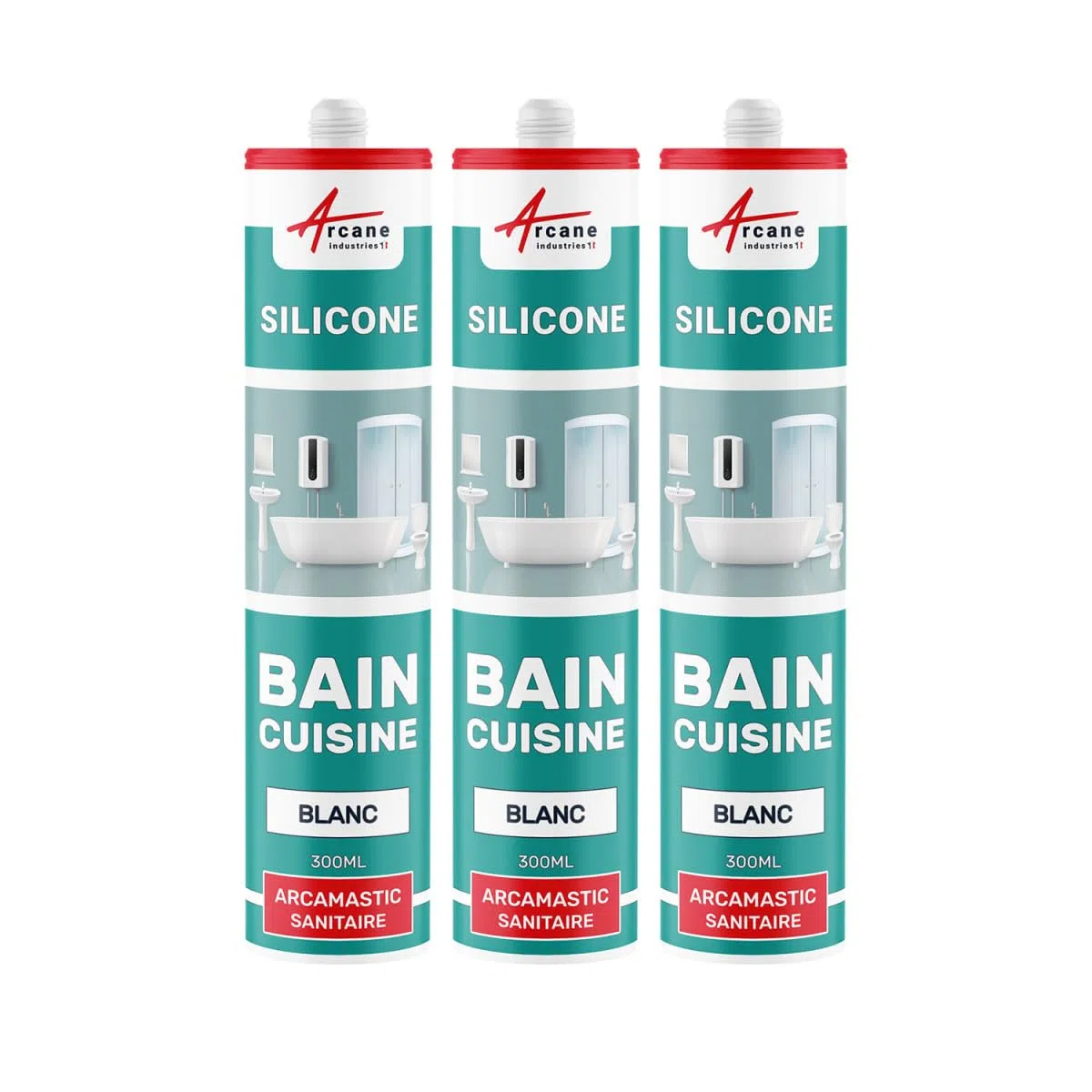 Joint silicone, douche, baignoire, sanitaire, sdb - 300 ml x 3 Blanc - ARCANE INDUSTRIES