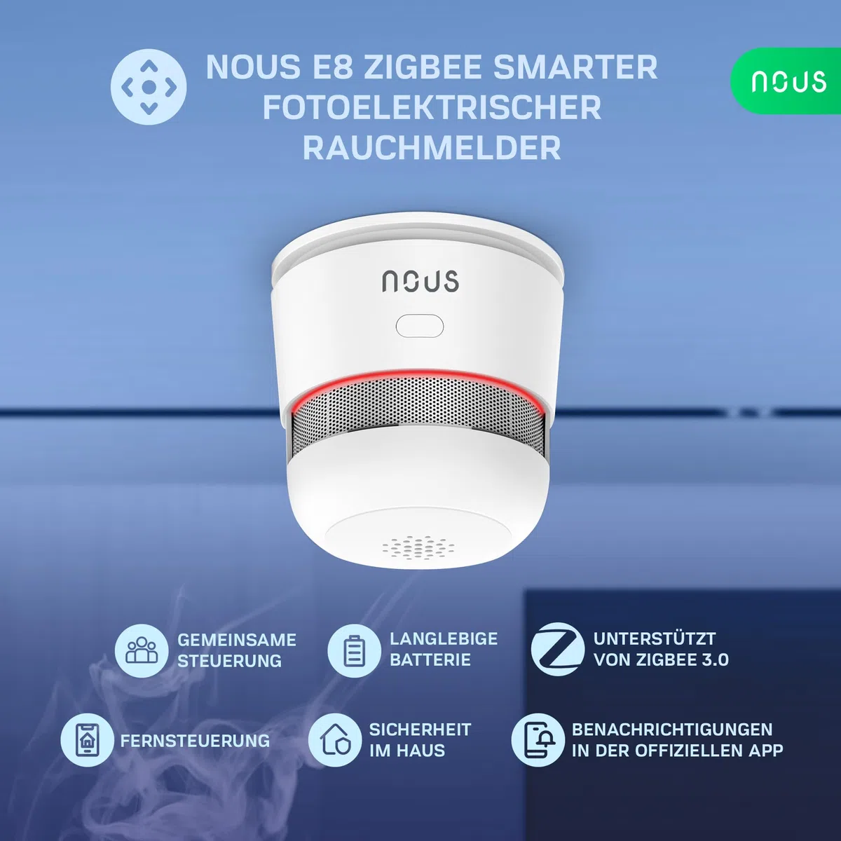 NOUS E8 Détecteur de Fumée Zigbee Intelligent, Capteur Photoélectrique avec Alarme 85dB, Batterie 3 Ans, Contrôle Via Application, Compatible Alexa, Google Assistant, pour Maison Et Bureau