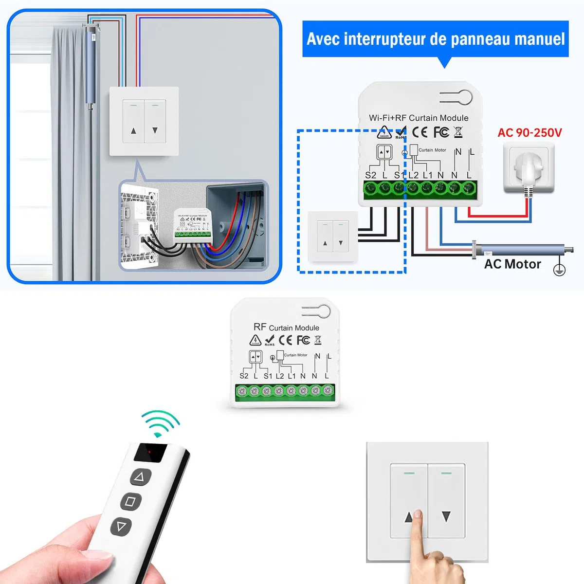 Interrupteur Module Volet Roulant Sans Fil, Commutateur de Commande à Distance Moteur AC sans Fil pour Volets Roulants Stores Stores Auvent AC 220V 230V Émetteur Radio RF Contrôle Portée 100M