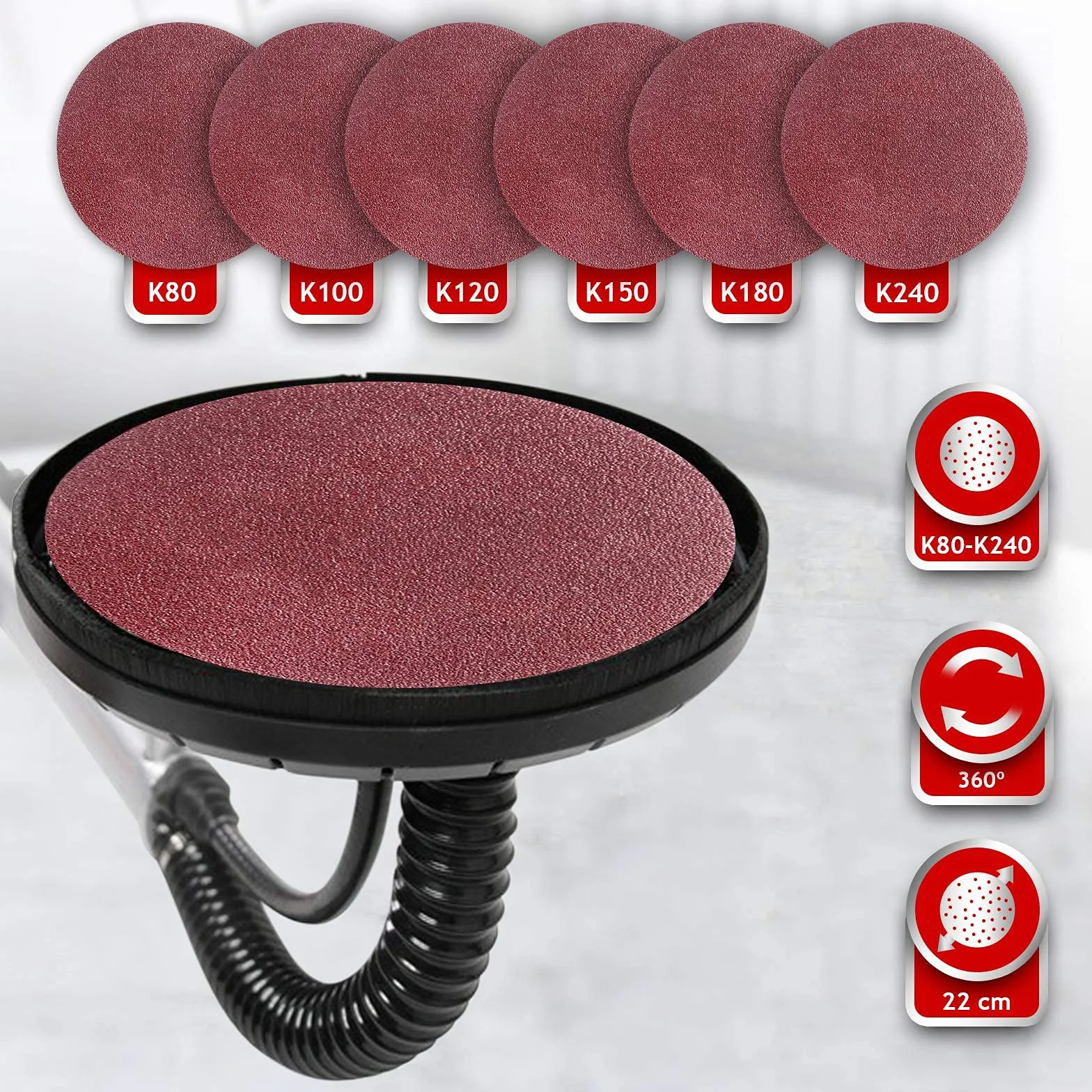 TIMBERTECH® Ponceuse Girafe - 710 W, 6 Disques de Ponçage Ø 220 mm, 1000-2100 tr/min, Noir/Rouge - Ponceuse à Bras, Cloison Sèche, pour Plafond, Mur (Rouge)