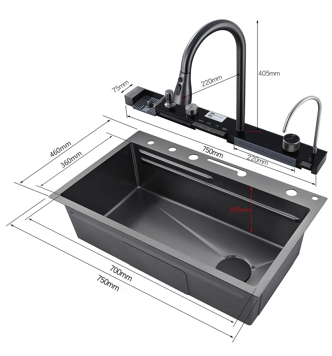 Évier de cuisine en acier inoxydable T304, en cascade, encastré, avec robinet numérique multifonctionnel, divers accessoires (75 x 45 cm)