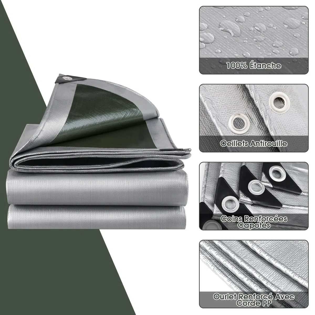 SHANNA Bâche de Protection Exterieur avec Oeillets, 2x3m 180 g/m² PE Bâche Voiture Piscine, Imperméable Résistante aux Déchirures UV Intempéries, Bâches Multiusage pour Meubles de Jardin, Vert Argenté
