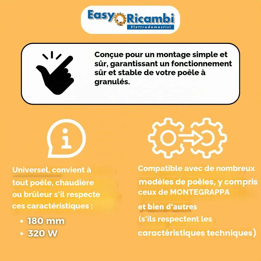 Easyricambi - Bougie d'allumage pour poêle à pellets 320W, modèle linéaire de diamètre 10 mm et longueur 180 mm, résistance pour un chauffage rapide, pièce de rechange pour de nombreux modèles de