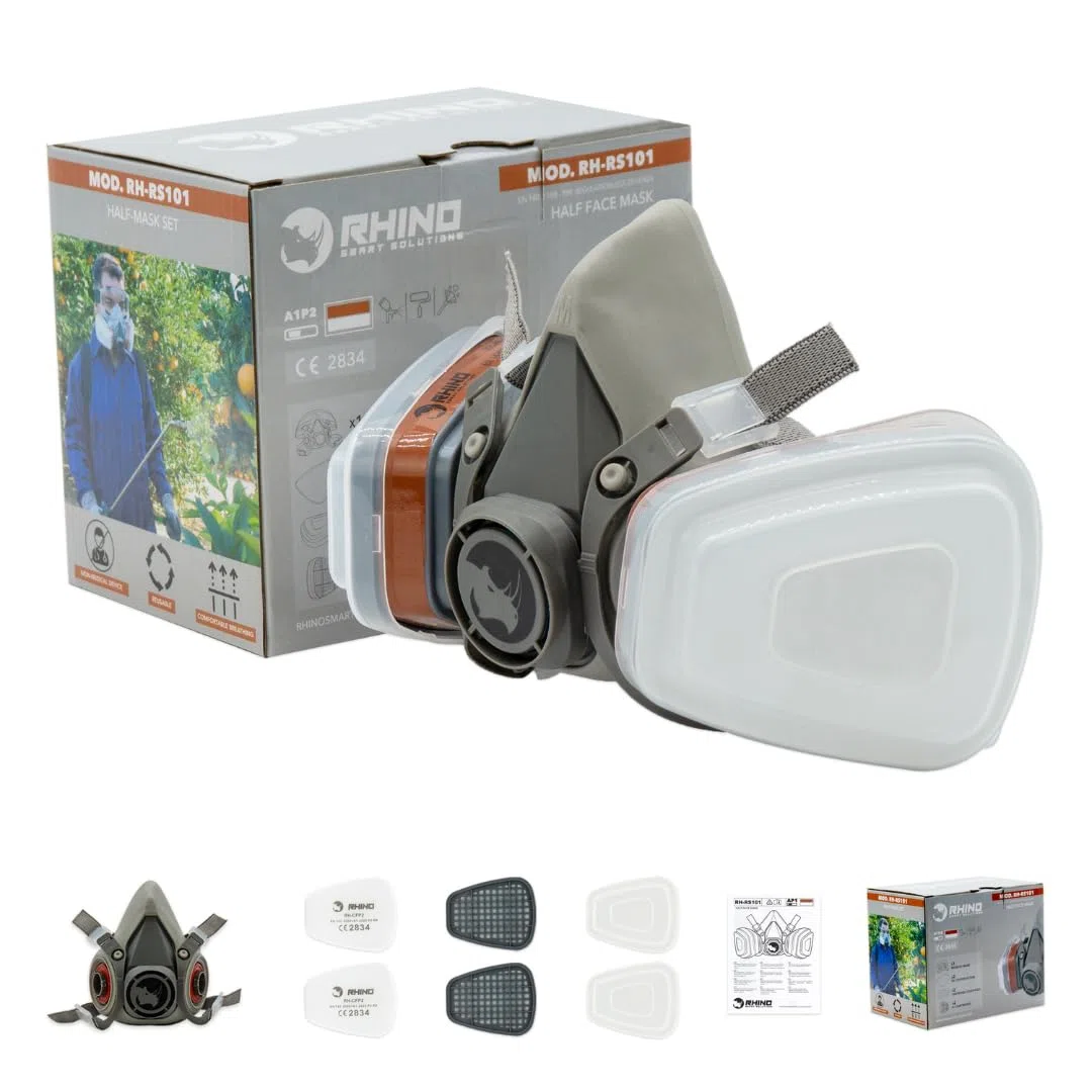 RHINO Housse de visage pour peinture, poussière, particules, produits chimiques, polissage machine vapeurs organiques, pollen et produits chimiques avec filtres cotons