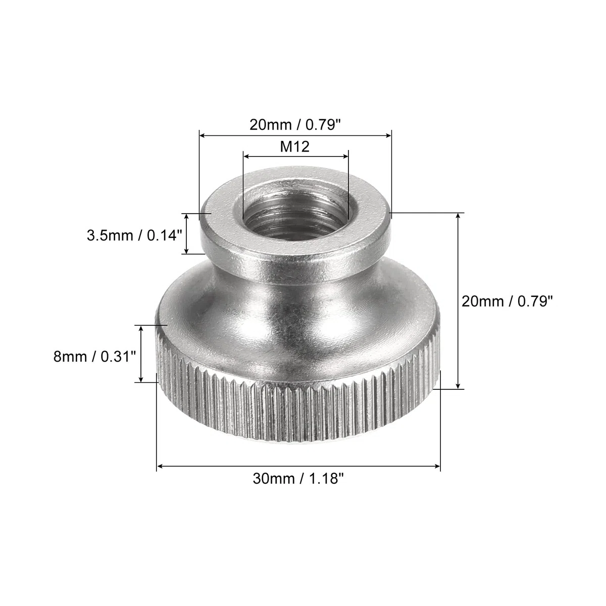sourcing map Lot de 4 écrous moletés en acier inoxydable 304 M12 x 30 x 20 mm