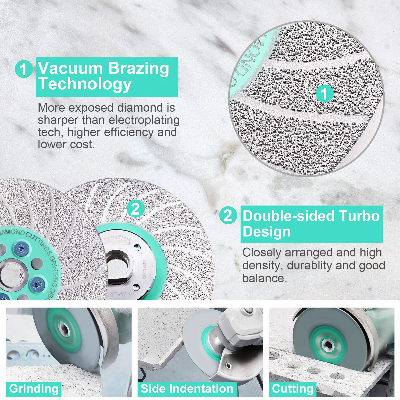 Disque Diamant 125 mm Coupe & Meulage, Double Face Brasé sous Vide pour Meuleuse d’Angle, Multi-Matériaux (Carrelage, Marbre, Granit, Béton), Coupe Rapide et Façonnage