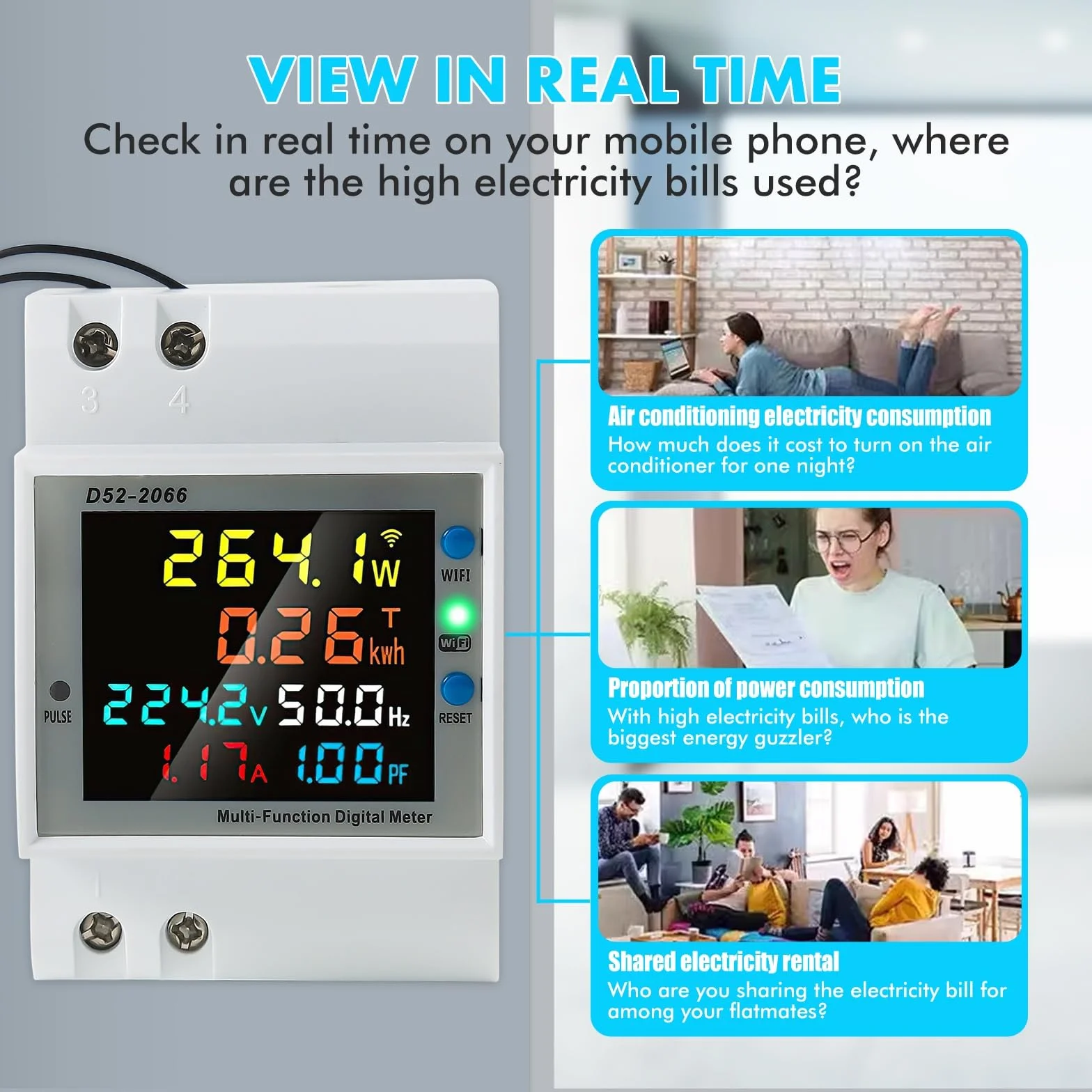 Jadeshay WiFi Compteur d'Énergie Monophasé, 6 en 1 Compteur Electrique Wattmetre Wifi LCD Voltmètre Ampèremètre Numérique pour Rail DIN Compteur KWh AC40-300V 100A(CT externe)