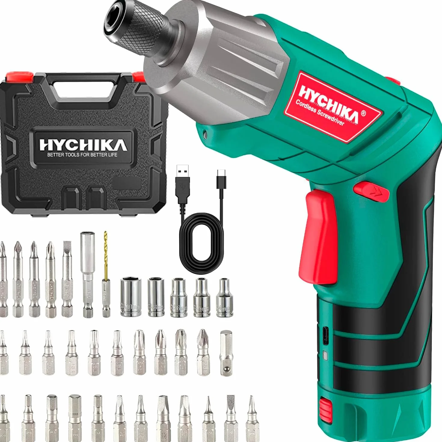 HYCHIKA Visseuse Sans Fil 6Nm, Visseuse Devisseuse sans Fil 2.0Ah 3.6V Avec 35 Accessoires, Lampe LED, Câble USB et Boîte de Rangement, Pour la Réparation et le Bricolage