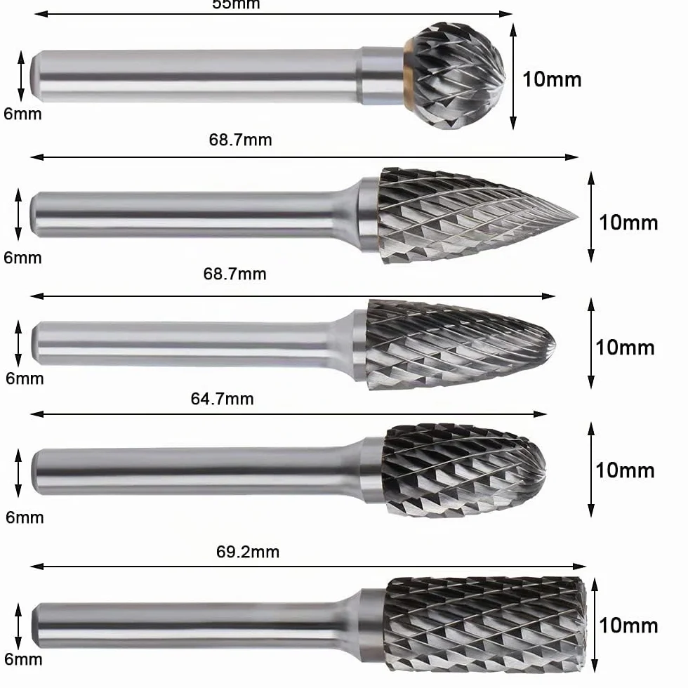 ASNOMY Kit de 5pcs Fraises Rotatives en Carbure de Tungstène Double Coupe Tige 6mm Tête 10mm Outil Perceuse Ponceuse Electrique Pour la sculpture sur métal, le polissage, la gravure