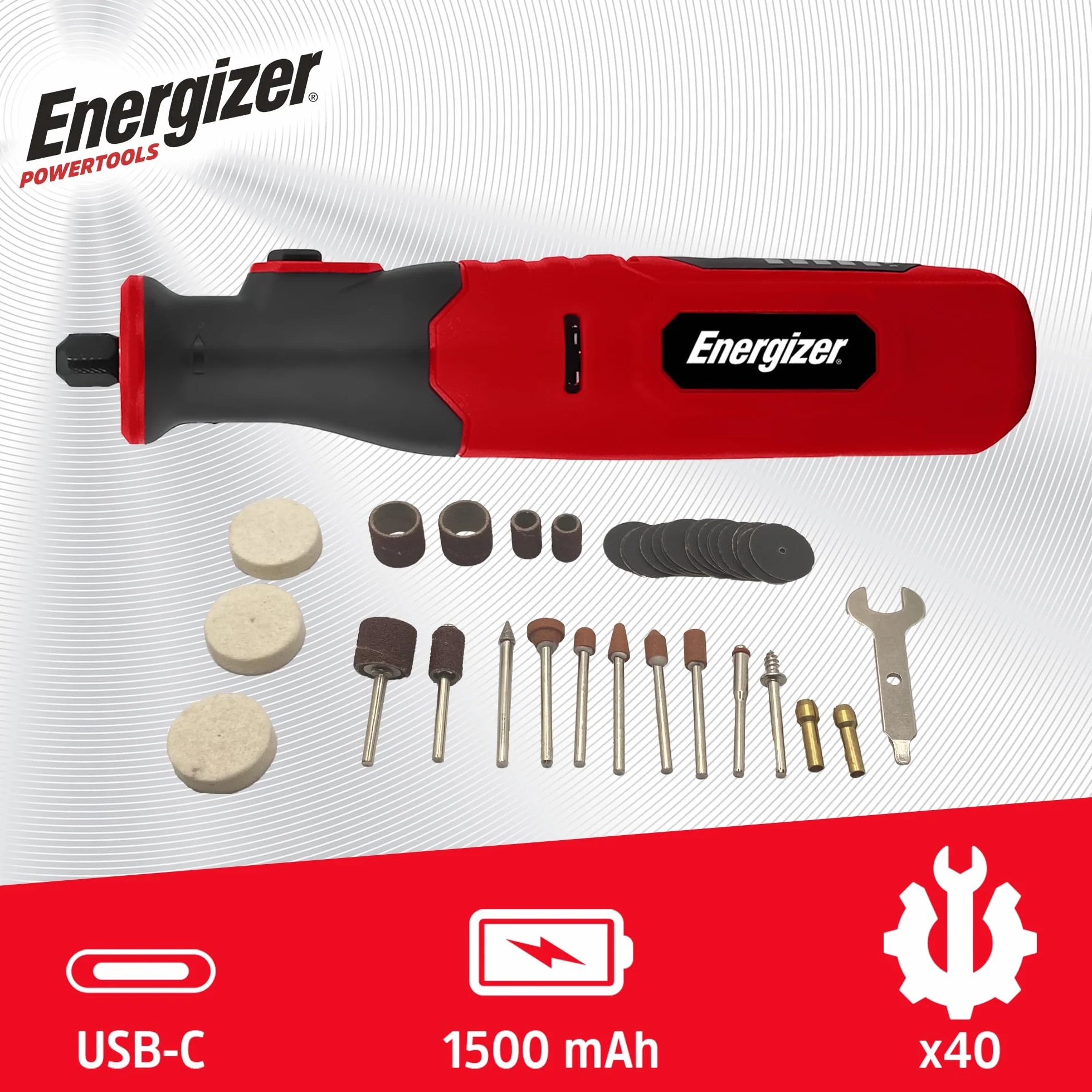 Energizer – Meuleuse de Précision Sans Fil – Batterie 1500mAh USB-C – 5 Vitesses (5000-25000 RPM) – 40 Accessoires – Gravure, Ponçage, Découpe, Polissage – Outil Multifonction Compact & Léger
