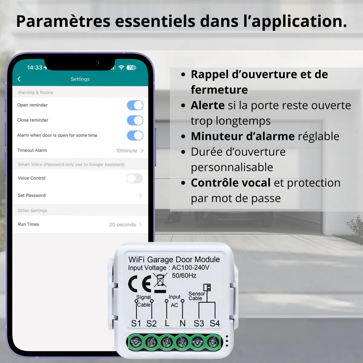 Sone Smart One Ouvre Porte de Garage Connecté WiFi 2.4GHz – Module WiFi Portail Électrique avec Capteur d’Ouverture 480cm – Tuya Smart Life, Alexa, Google Home, Home Assistant – 230V