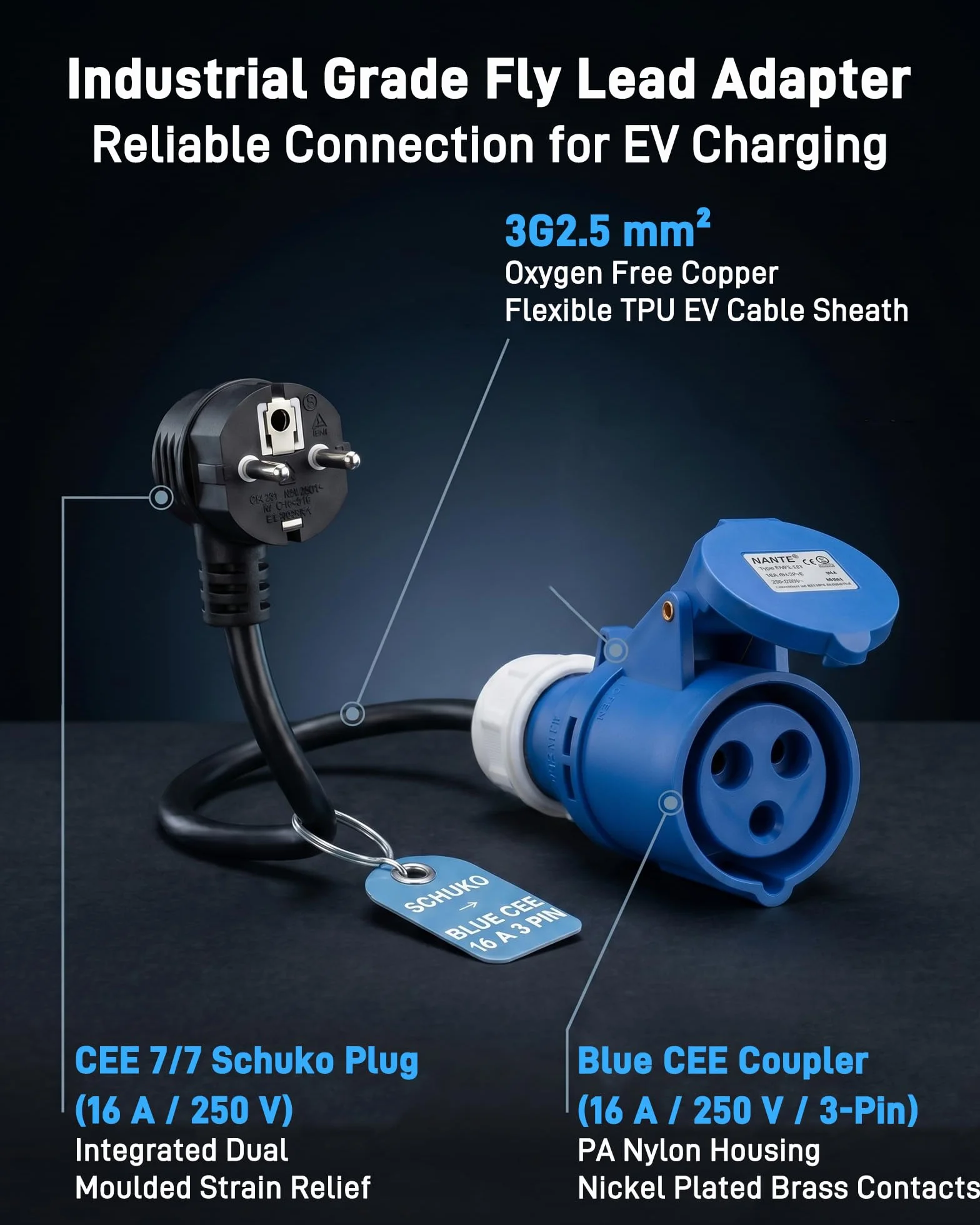 Adaptateur CEE (Fiche Schuko Mâle vers Prise Femelle CEE P17 Bleue 16 A, 3 Pôles) | Câble Adaptateur 3G2,5 mm², 0,5 m / 230 V/Max. 16 A | pour Chargeur VE Réglable, Camping et Caravane