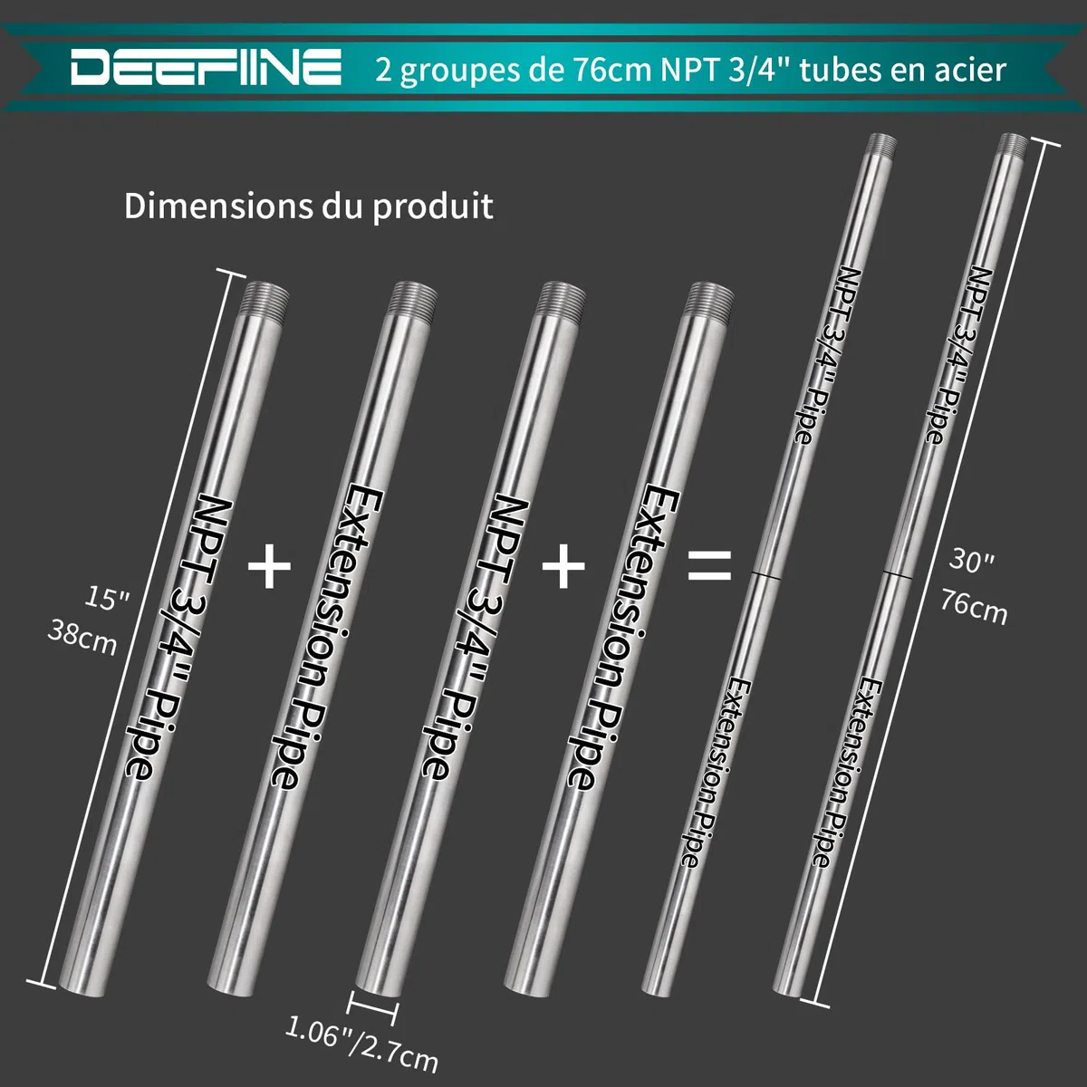 2 pièces 76cm 3/4 pouces mâle carte manchon Casting tube de tuyauterie en acier inoxydable avec tuyau d'extension de 76cm