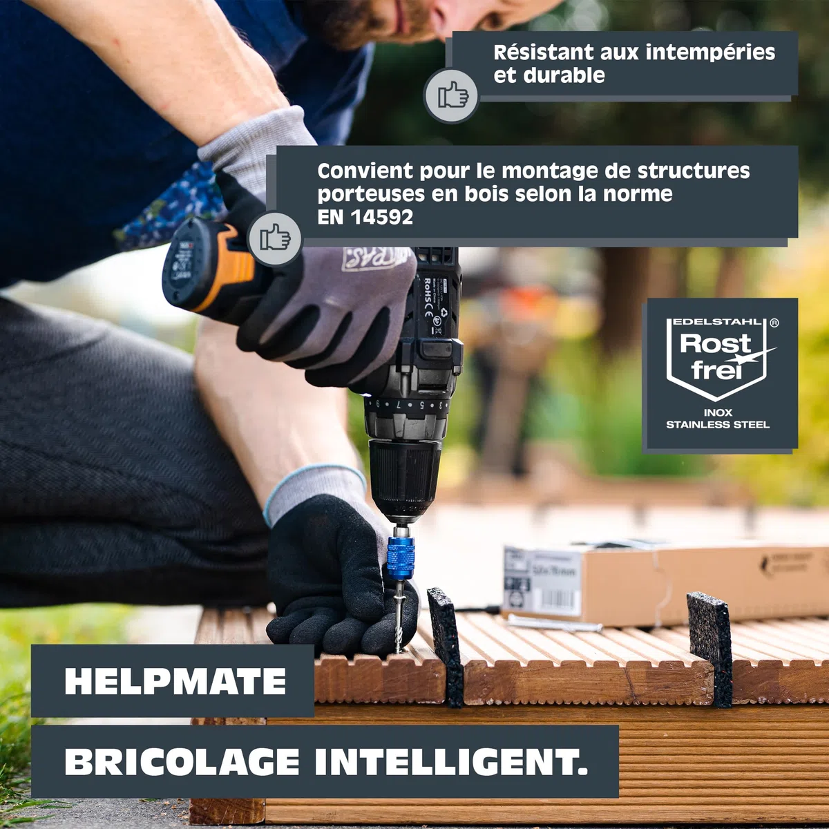 HELPMATE – Vis pour terrasse – 5x50 mm – acier inoxydable A2 – 200 vis pour planches + 2 embouts T25 – Vis pour l'extérieur