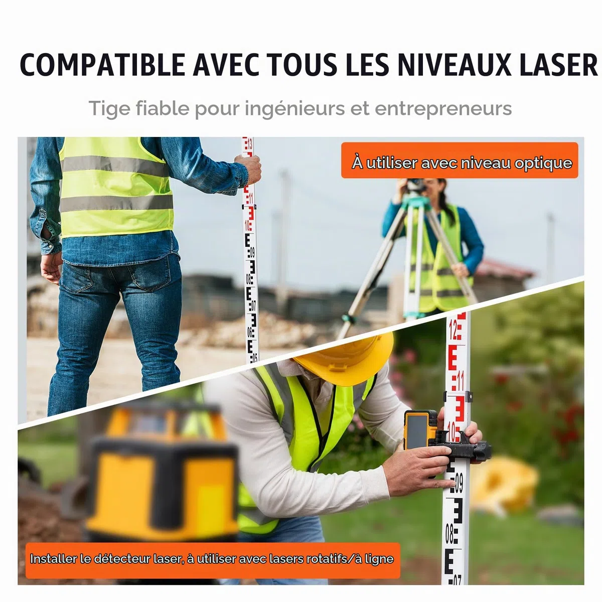 VEVOR Tige de mesure télescopique métrique 4 m, mire télescopique de mesure double face en cm/mm règle en alliage d'aluminium avec niveau à bulle et sac de transport pour mesurer maisons, murs, sols