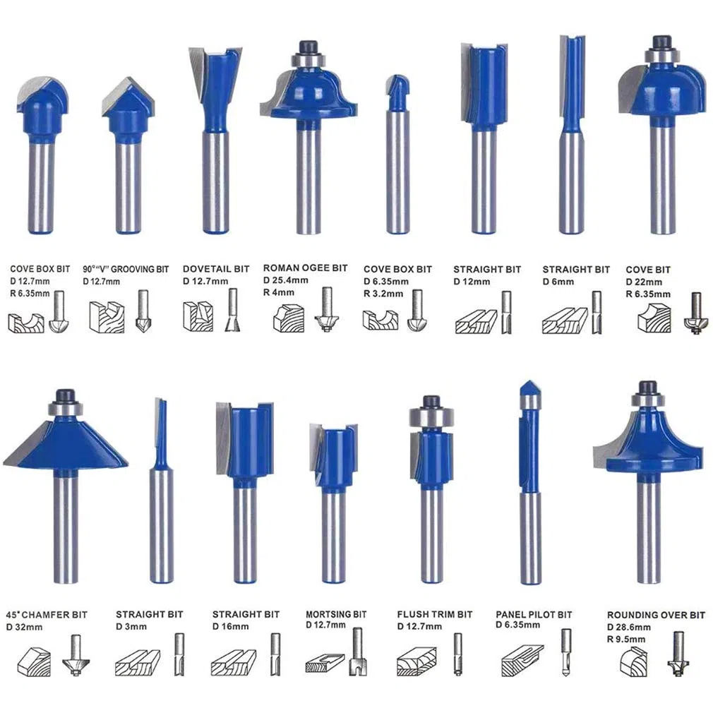 15 pièces Bits de routeur, 1/4 "(6,35 mm) Jarret Tungstène Carbure Outil de coin de coin, Langue de foret de cannelure pour Aggloméré, Fraisage du bois Coupeur, Fraise Defonceuse, Chanfrein Bit