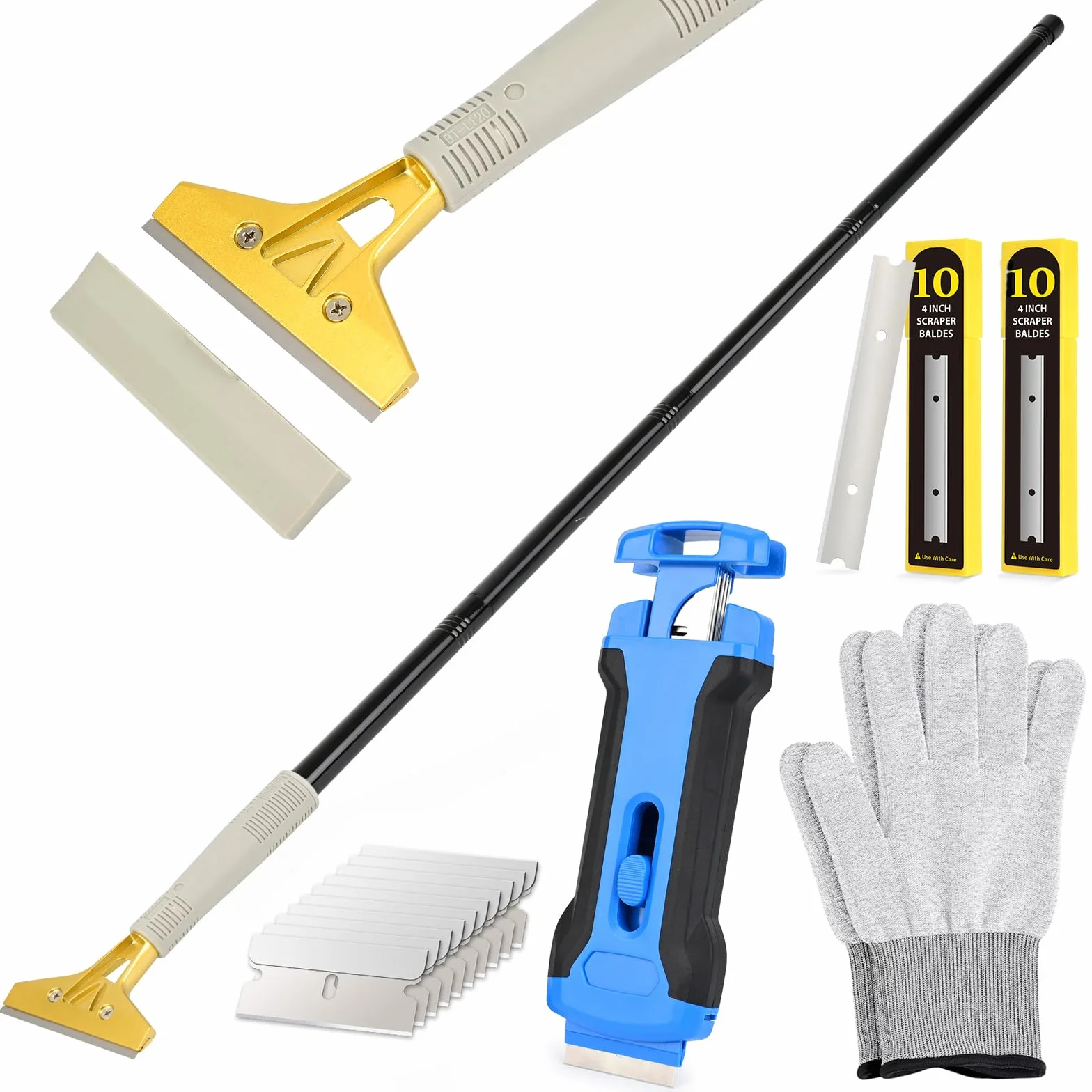 EHDIS Kit Grattoir Vitre - Grattoir 4INCH avec Long Manche(15-58INCH) et Grattoir Plaque Vitrocéramique, avec 30 Lames, pour Carrelage, Papier Peint, Colle, Miroir, La Table de Cuisson