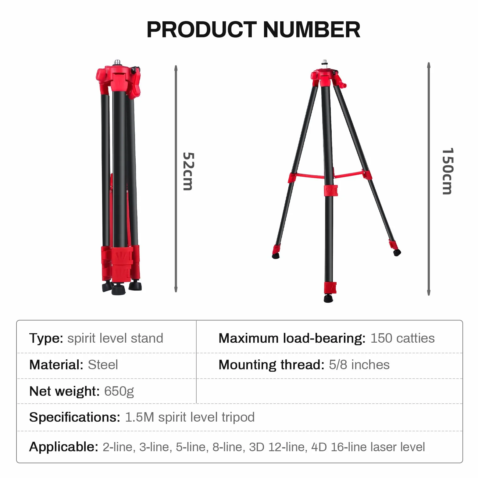 Trepied Chantier 150cm pour Niveau Laser, Pied de Laser Télescopique, avec Filetage 5/8" à 1/4", Trépied Réglable Portable pour Atelier, Garage