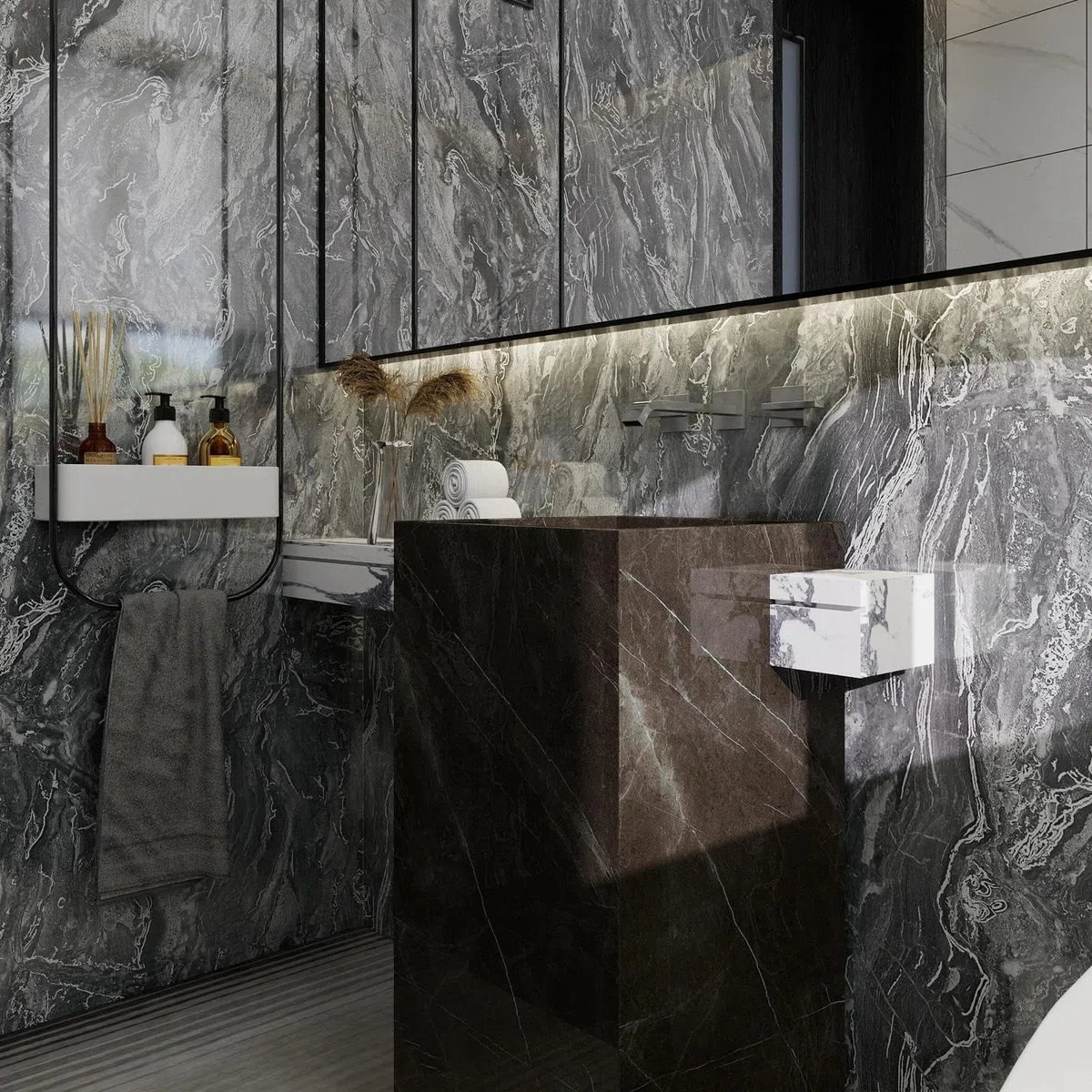 wishFIRE Papier Peint Adhesif Mural Marbre Gris Argent (40x500cm) – Aspect Marbre Épais Autocollant & Imperméable, Feuille Vinyle Brillant Haute Pour Cuisine & Meubles