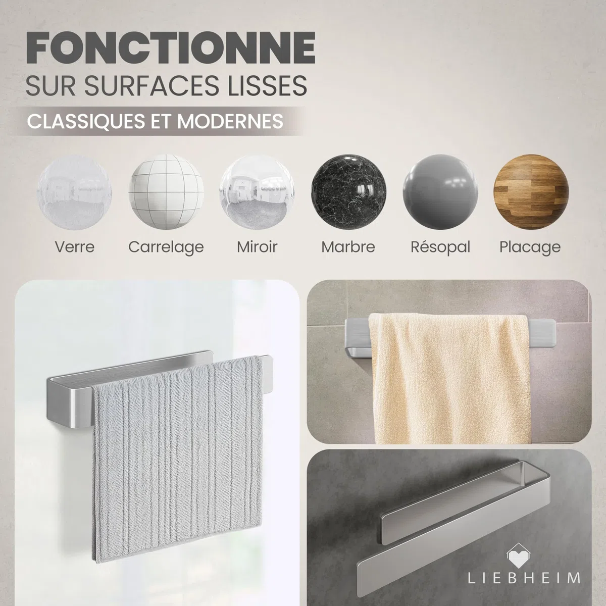 LIEBHEIM Porte-Serviette Salle de Bain - Porte Serviette Mural sans Percage - Support Serviette Salle de Bain - Porte Torchon (Acier Inoxydable Brossé 22 cm)