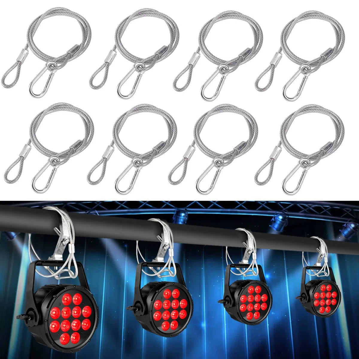 Câble de Sécurité en Acier,Forreen 8 Pièces 4mm*80cm Elingue Securite Acier Eclairage de Scene Anti-Chute Fil Corde de Sécurité avec Boucle pour Suspendus DJ Éclairage de Scène Lumière de Fête Lumière