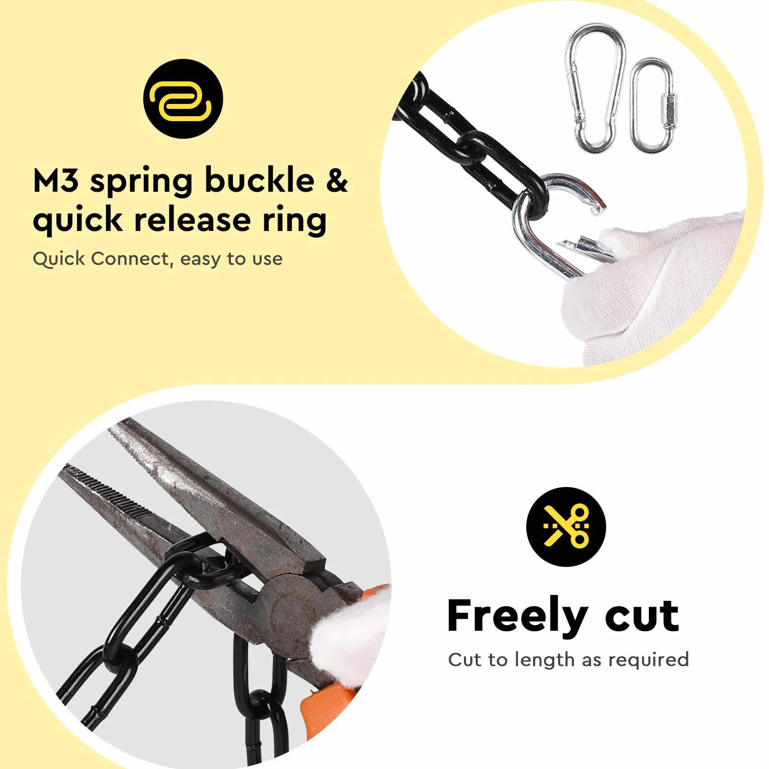 SWAWIS 6m Noir Chaine Acier au Carbone Ø 6 mm, Chainette Metal avec M6 Connecteur à Dégagement Rapide et Pince à Ressort, Chaîne Noir Électrophorétique de Surface pour Hamacs Clôtures Antivol de Vélo