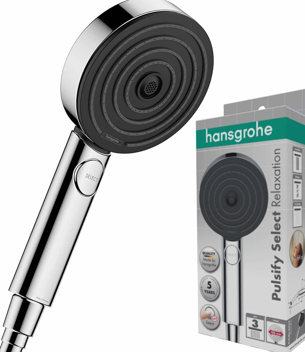 Hansgrohe Pommeau de Douche Pulsify Select S, Douchette à Main 105 mm Diamètre, 3 Types de Jet (Relaxation), Chromé, 24110000