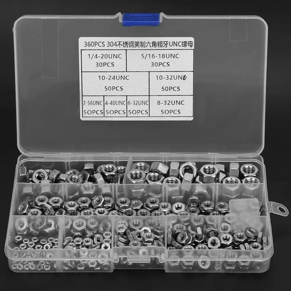 Écrous hexagonaux en acier inoxydable, filetage grossier, système américain UNC, 360 pièces, écrous de roue ensemble, Fermetures